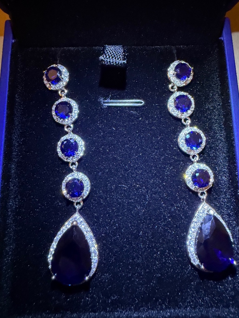 Blue and White Sapphire Halo Earrings: 14kt White Gold/Silver